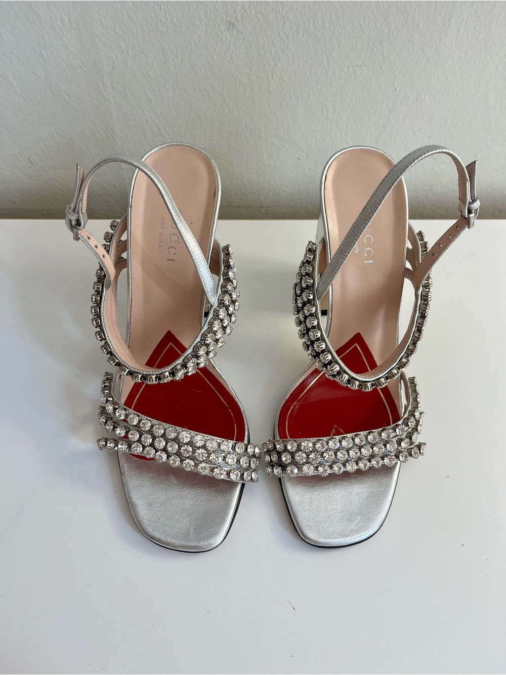 Gucci Bertie Crystal Metallic Leather Sandals Size 36.5 - Picture 7 of 16